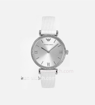 ar1680 ساعت امپریو آرمانی بند چرم سفید نگین دار استیل