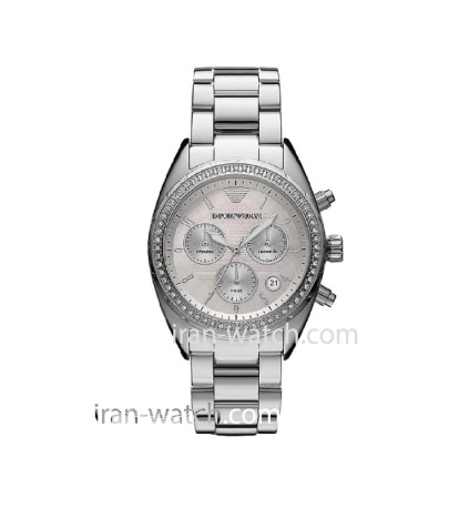 ar5959 ساعت آرمانی زنانه قاب نگین دار کرنوگراف استیل